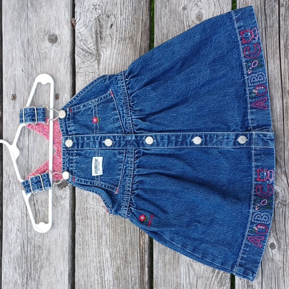 Vintage Oshkosh jumper jean dress. Embroidered ABC and apple. Toddler 18m.